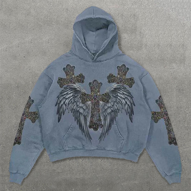 Cross Wings Print Long Sleeve Hoodies