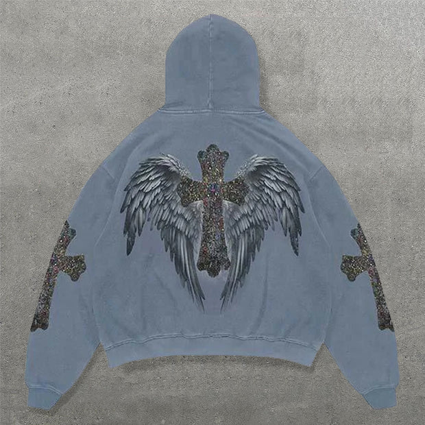 Cross Wings Print Long Sleeve Hoodies