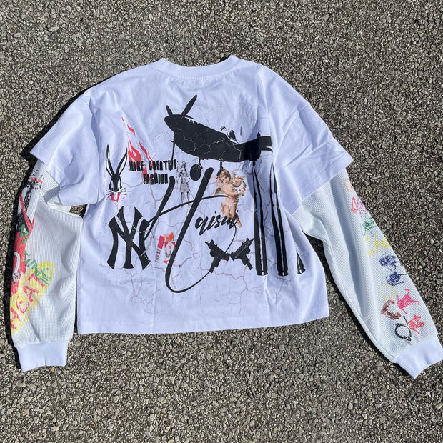 Fake two casual street hip-hop graffiti long-sleeved T-shirt