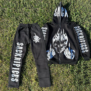 Casual street skull print full zip hoodie two piece set