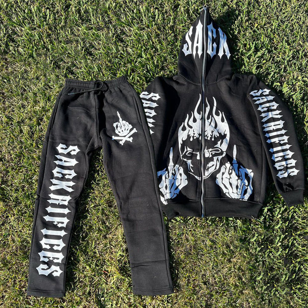 Casual street skull print full zip hoodie two piece set