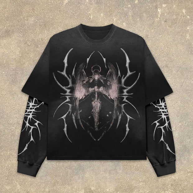 Fake Two Girl With Wings Print Long Sleeve T-Shirt