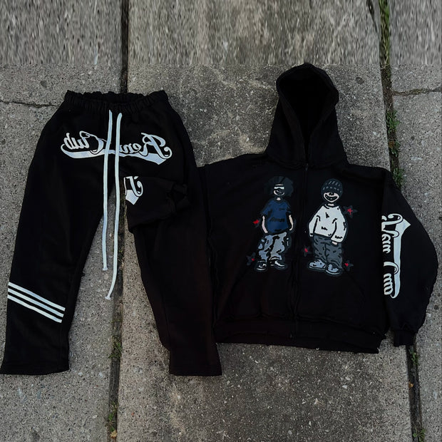 Fashion Anime Print Zipper Hoodie Sports Suit