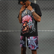 Skull and Head T-shirt Mesh Shorts Two-Piece Set