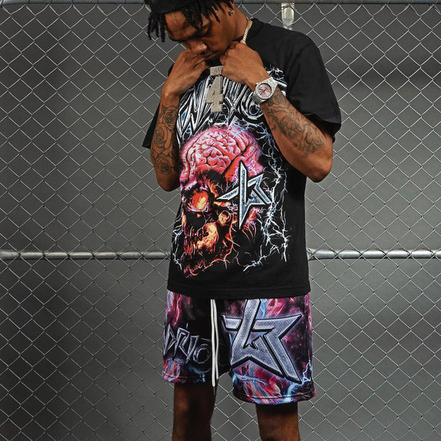 Skull and Head T-shirt Mesh Shorts Two-Piece Set