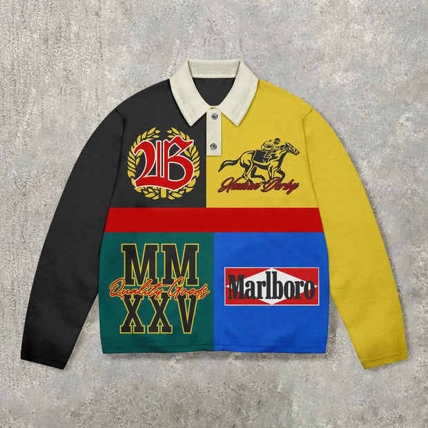 Contrast color POLO collar print sweatshirt