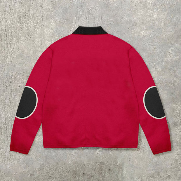 Vintage Flag Print Striped Long Sleeve Polo Shirt
