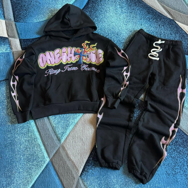 Flame Cross Casual Street Hoodie Pants Two-Piece Set