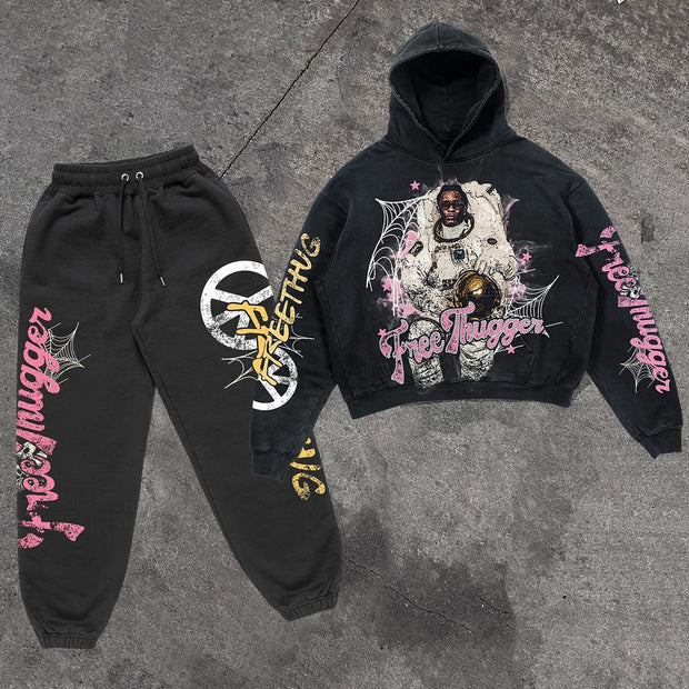 Astronaut Print Casual Street Hoodie Two-Piece Set