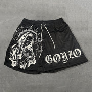 Virgin Mary Print Mesh Drawstring Shorts