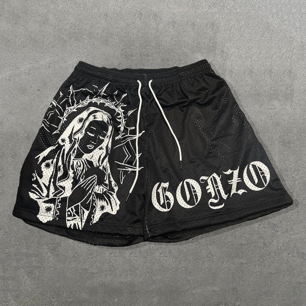 Virgin Mary Print Mesh Drawstring Shorts