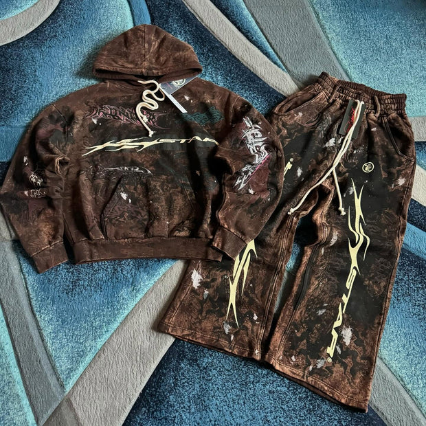 Hell Casual Street Graffiti Hoodie Pants Two-Piece Set