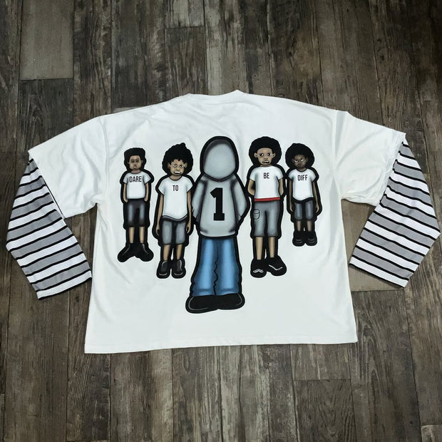 Fake Two Cartoon Print Long Sleeve T-Shirt