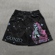 Saint Death Print Mesh Drawstring Shorts