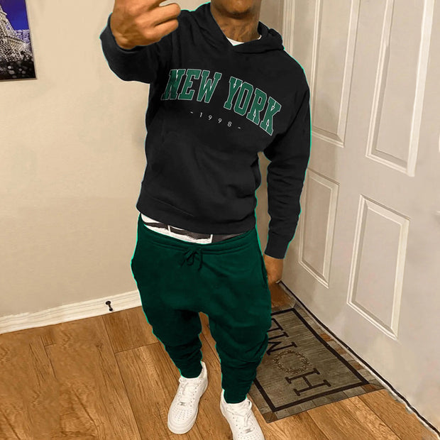 New York 1998 Print Hoodie Sweatpants Two Piece Set