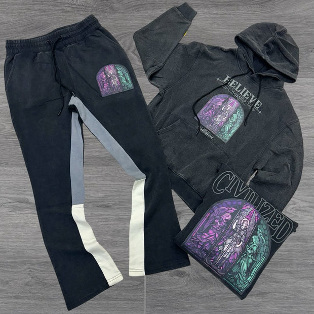 Retro personality distressed print contrast trousers suit