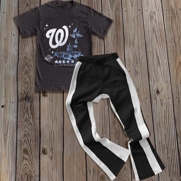Fashion preppy printed T-shirt contrasting color trousers two-piece set