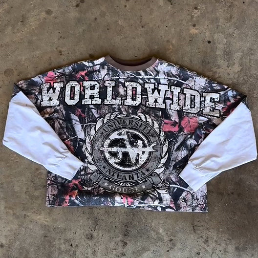 Retro camouflage fake two-piece sweatshirt