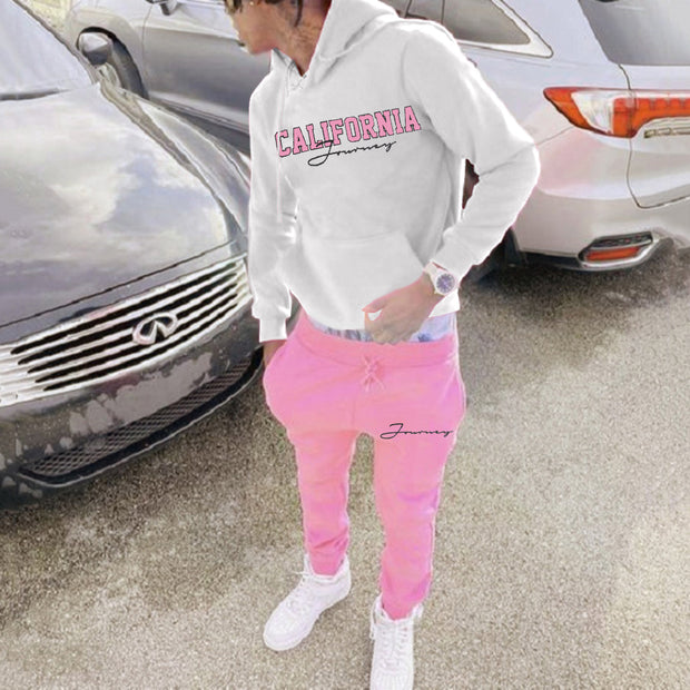 Casual California Print Hoodie Sweatpants Two Piece Set