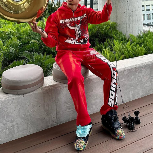 Fashion Print Zipper Hoodie Sweatpants Two Piece Set