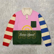 Contrast stripe print loose fit POLO shirt