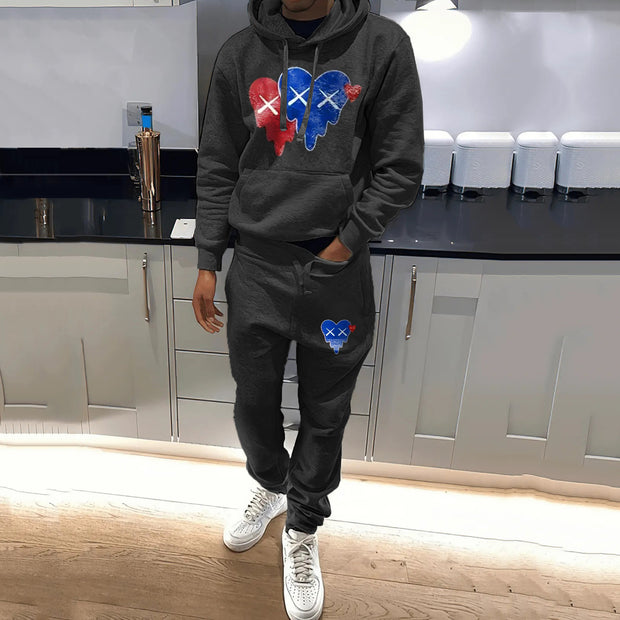 Hearts Print Hoodie Sweatpants Two Piece Set