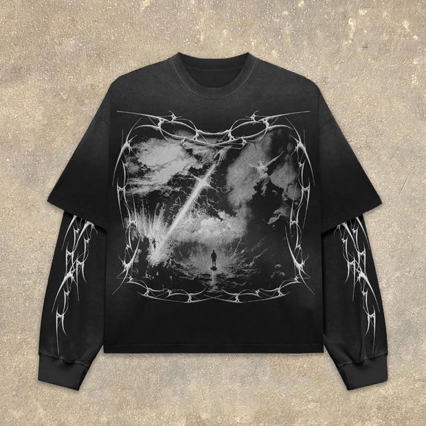 Fake Two Jesus Cross Print Long Sleeve T-Shirt