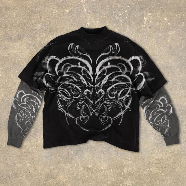 Fake Two Heart Print Long Sleeve T-Shirt
