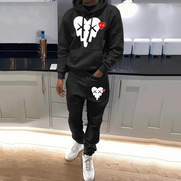 Casual Funny Heart Print Hoodie Sweatpants Two Piece Set