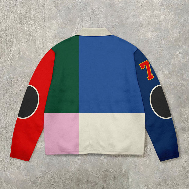 Retro sports style contrast color long sleeve POLO shirt
