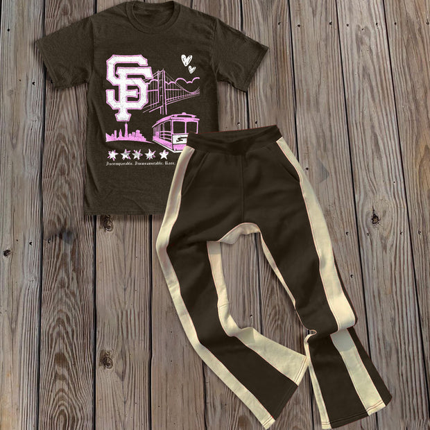 Personalized street style printed short-sleeved T-shirt color matching trousers two-piece set
