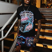 Flame Skull T-shirt Mesh Shorts Two-Piece Set