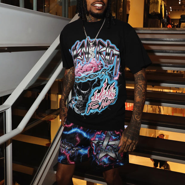 Flame Skull T-shirt Mesh Shorts Two-Piece Set