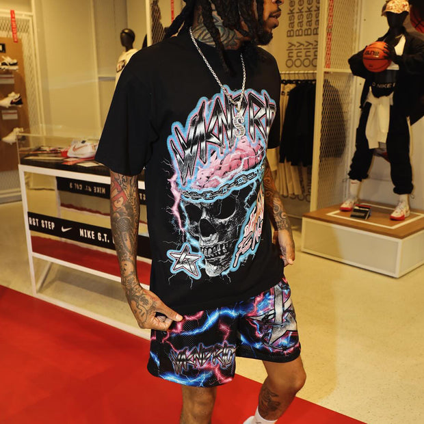 Flame Skull T-shirt Mesh Shorts Two-Piece Set