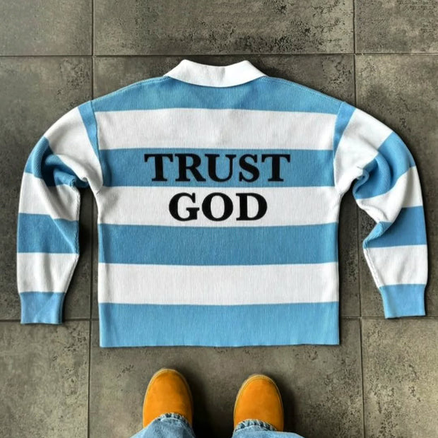Trust God Casual Street Stripe Retro College Rugby Polo
