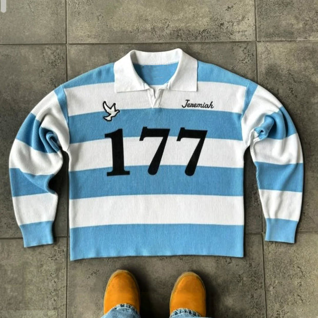Trust God Casual Street Stripe Retro College Rugby Polo