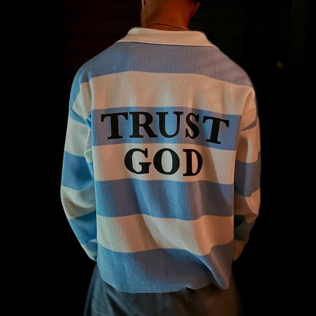 Trust God Casual Street Stripe Retro College Rugby Polo