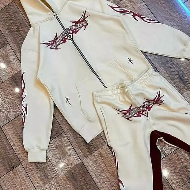 Casual street retro sports zipper hoodie two-piece set