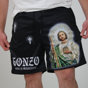 San Judas Print Mesh Drawstring Shorts