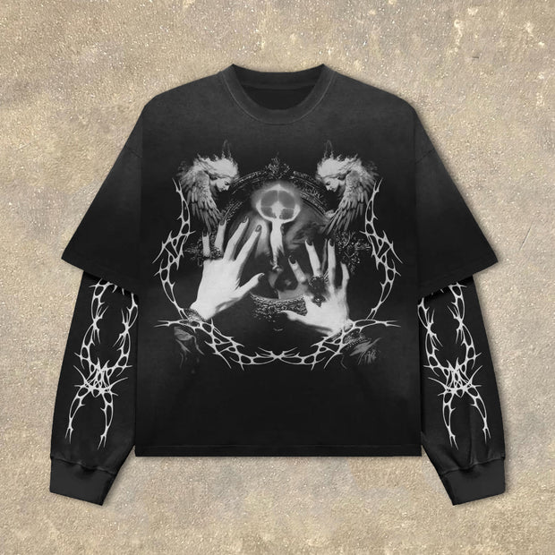Fake Two Angel Hands Print Long Sleeve T-Shirt
