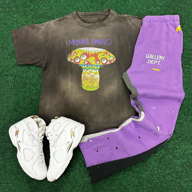 Mushroom Letters Print T-shirt Sweatpants Two Piece Set