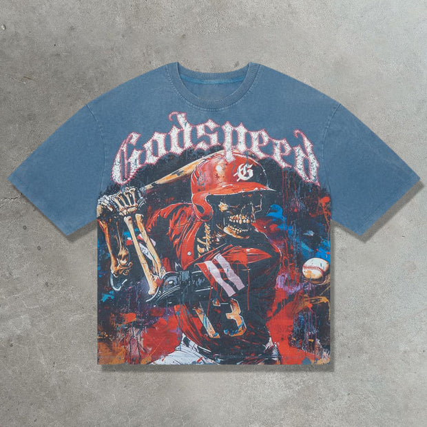 Home Run Skull Casual Street Vintage T-Shirt