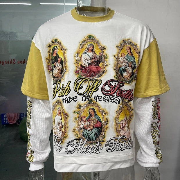 Virgin Mary Fake Two-piece Casual Street Long Sleeve T-shirt
