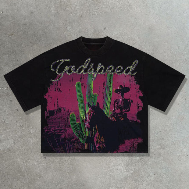 Western cowboy casual street retro print T-shirt