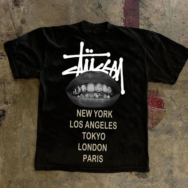 Words Lip Letters Print Short Sleeve T-shirt