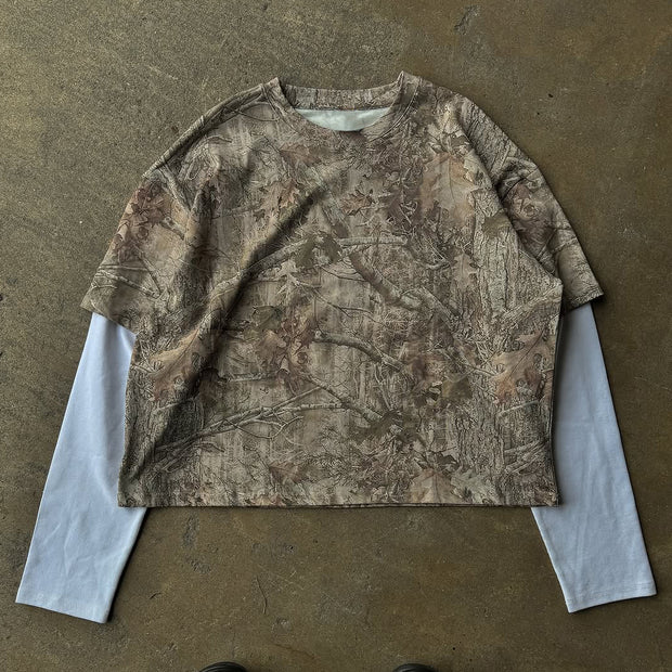 Fake Two Camouflage Print Long Sleeve T-Shirt