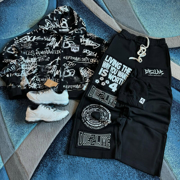 Graffiti casual street zipper hoodie wide-leg pants two-piece set