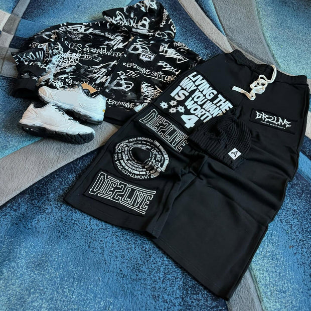 Graffiti casual street zipper hoodie wide-leg pants two-piece set