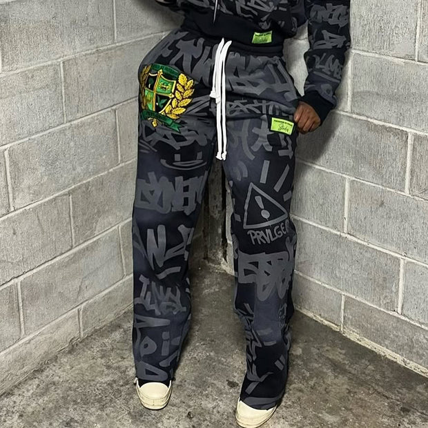 Letter Graffiti Printed Pocket Sweatshirt Pants
