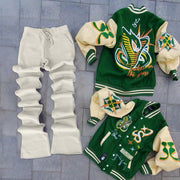 Stylish contrasting color baseball jacket and flared pants suit